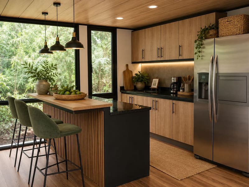 Cocina de la cabaña Beto con isla en madera, lámparas colgantes y nevera en acero inoxidable